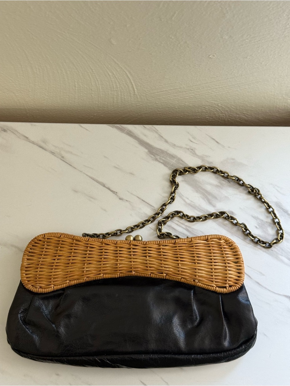 Black Leather and Woven Straw Accent Shoulder Bag